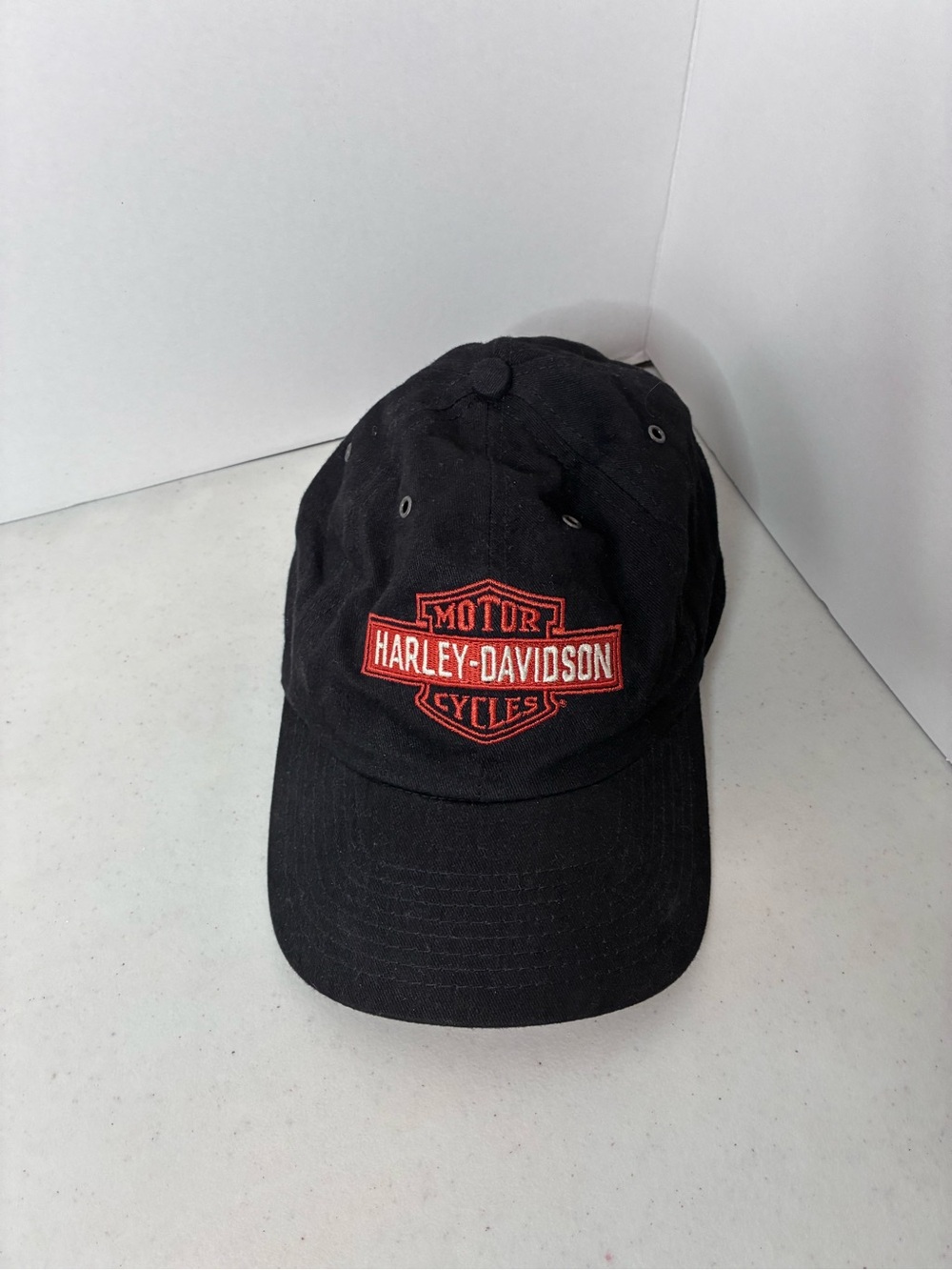 Harley Davidson Black Bar & Shield Hat Made in USA Leather Strap Adjustable